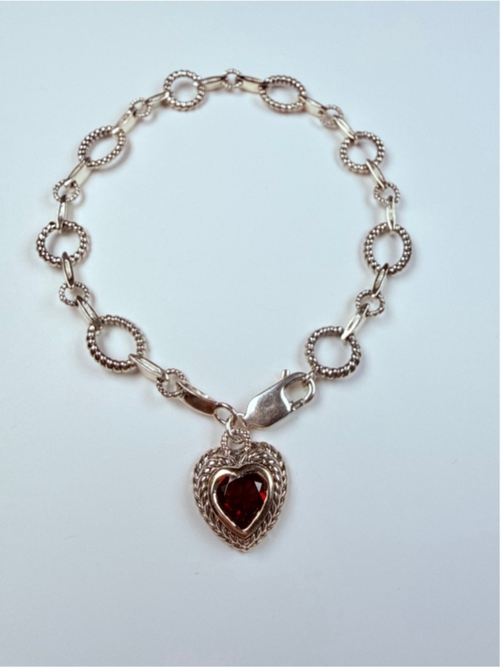 14K Gold Town & Country Garnet Heart 925 Sterling Silver Station Link Bracelet